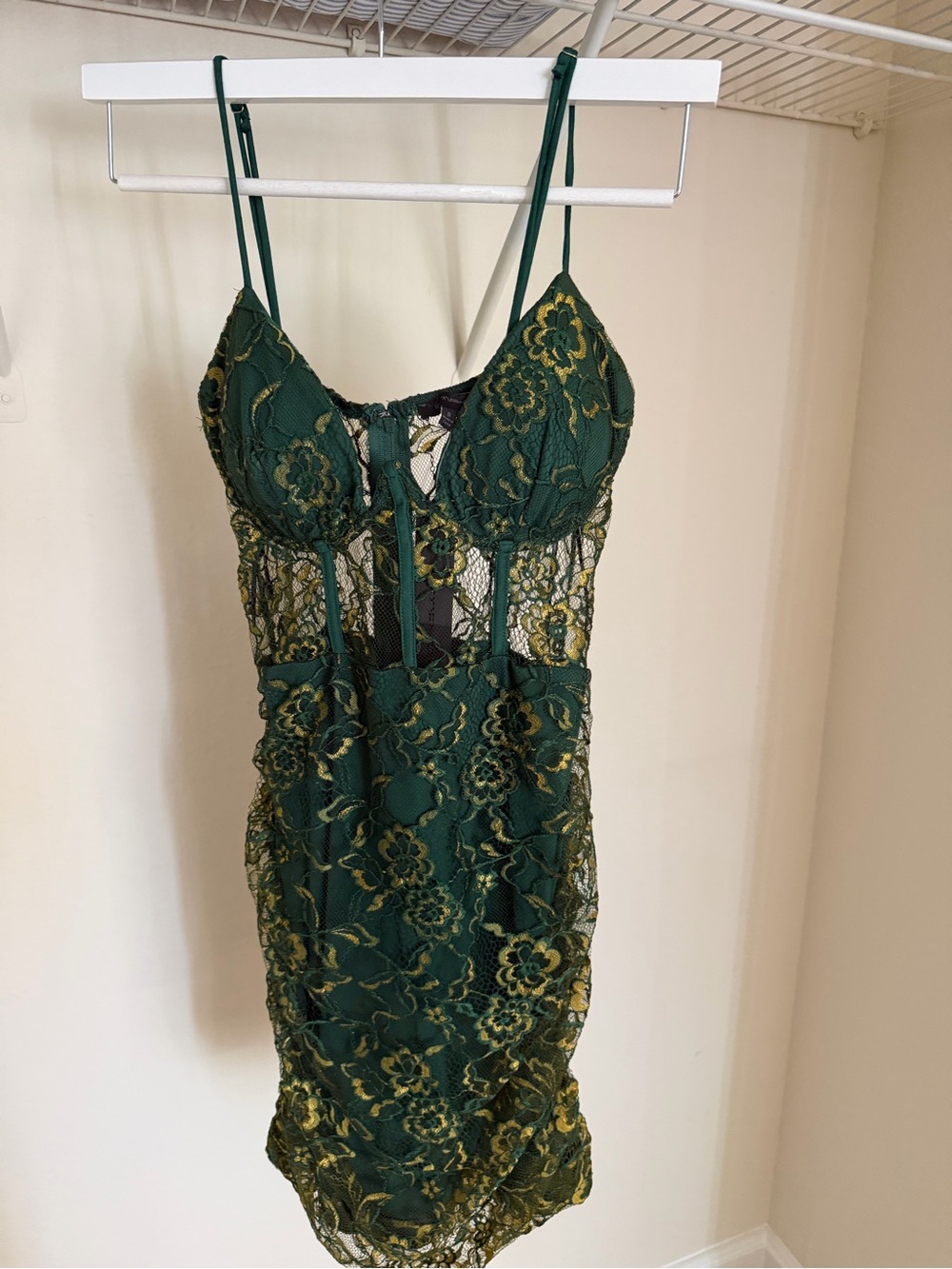 Symphony Dark Green Lace Mini Dress with Yellow Floral Accents